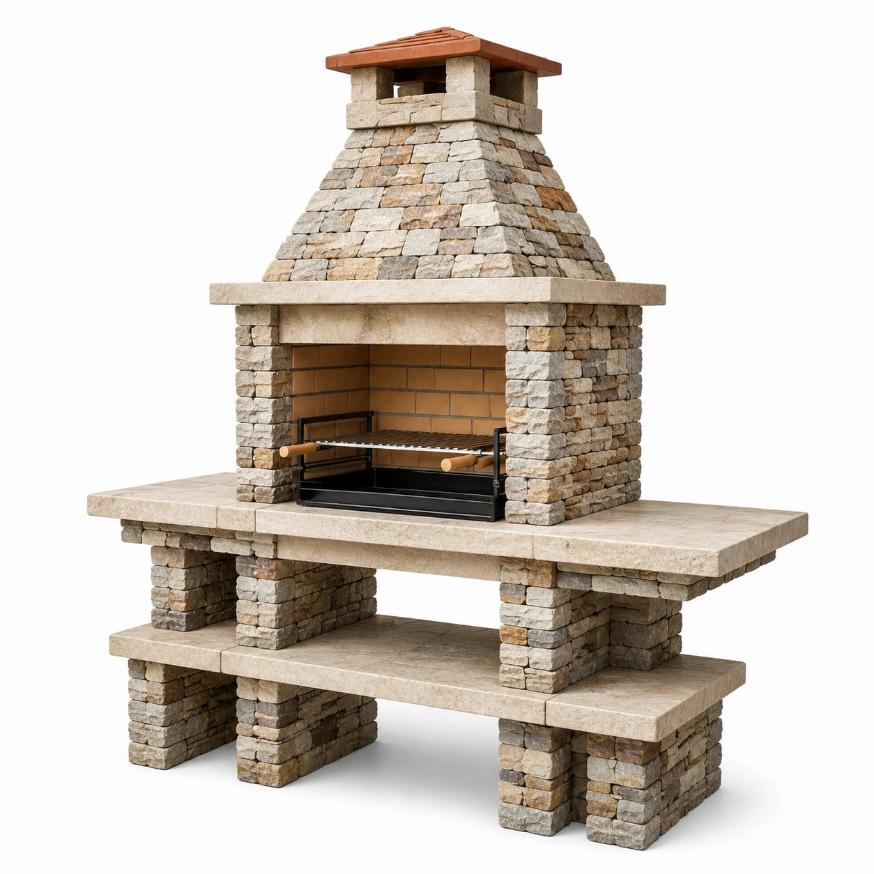 Steingrillkamin aus Naturstein mit Eisenrost, 150x50x200cm, Beige