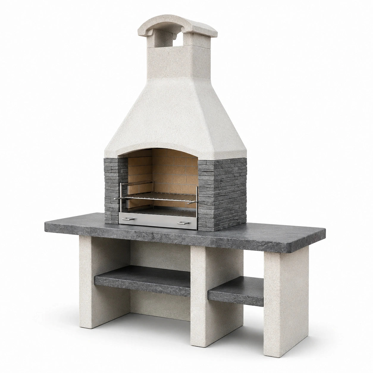 Grillkamin aus Beton mit Naturstein und Edelstahl Grau 120x70x200 cm