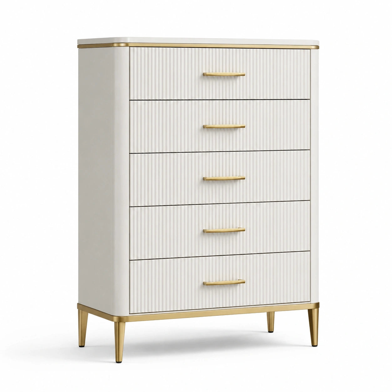 Schubladenschrank mit 5 Schubladen aus MDF und Stahl in Weiß/Gold