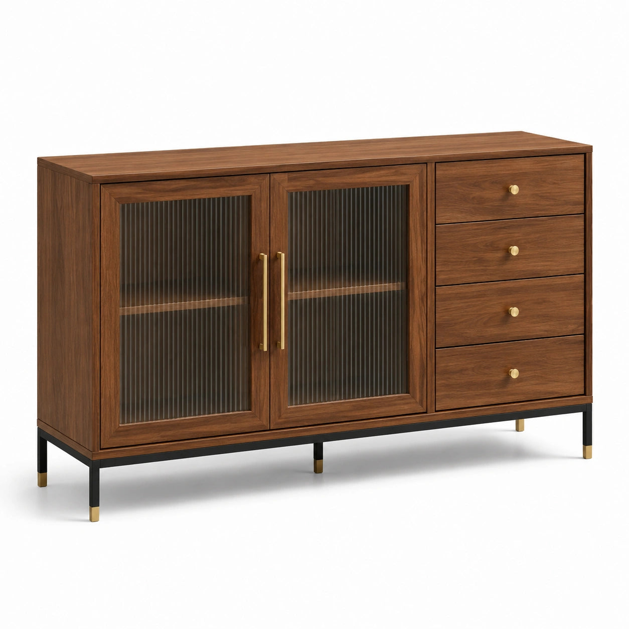 Sideboard aus Walnussholz mit geriffeltem Glas und Schubladen