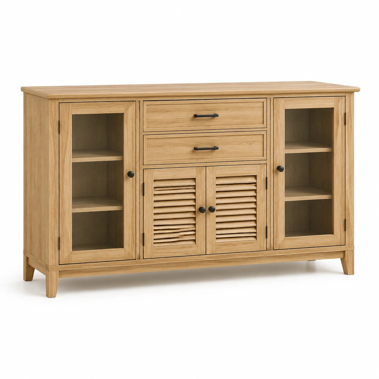 Sideboard aus Eichenholz mit gehärtetem Glas und 2 Schubladen, 2 Türen Natur 90x150x40cm