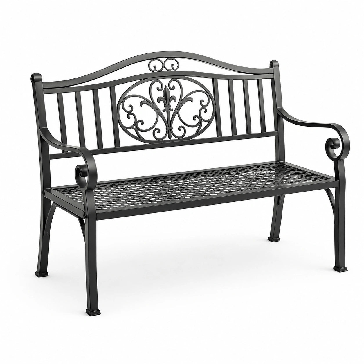 Schwarze Schmiedeeisen Gartenbank mit Ornamenten