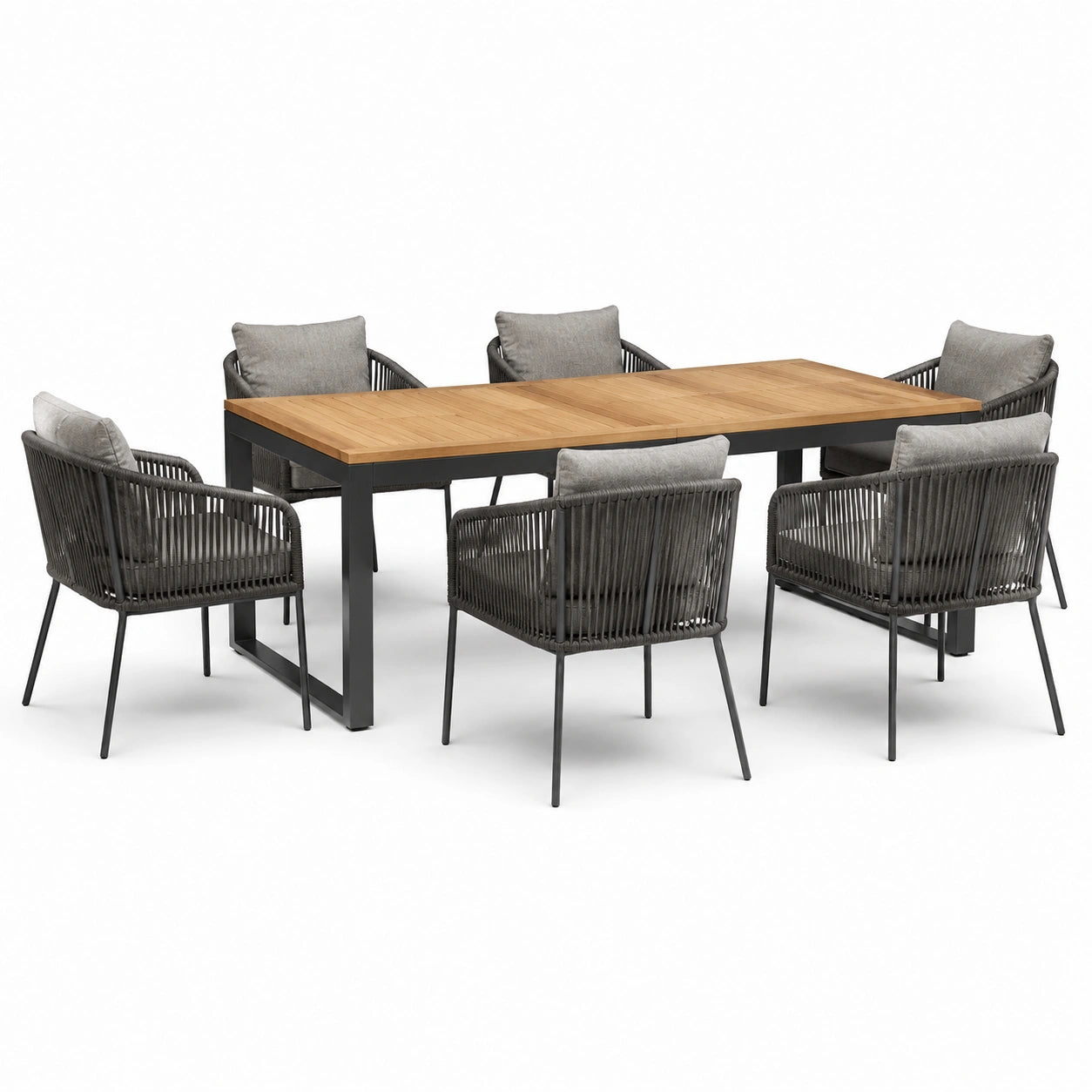Essgruppe für den Garten mit 6 Stühlen, Aluminium, Teak, Stahl, Grau