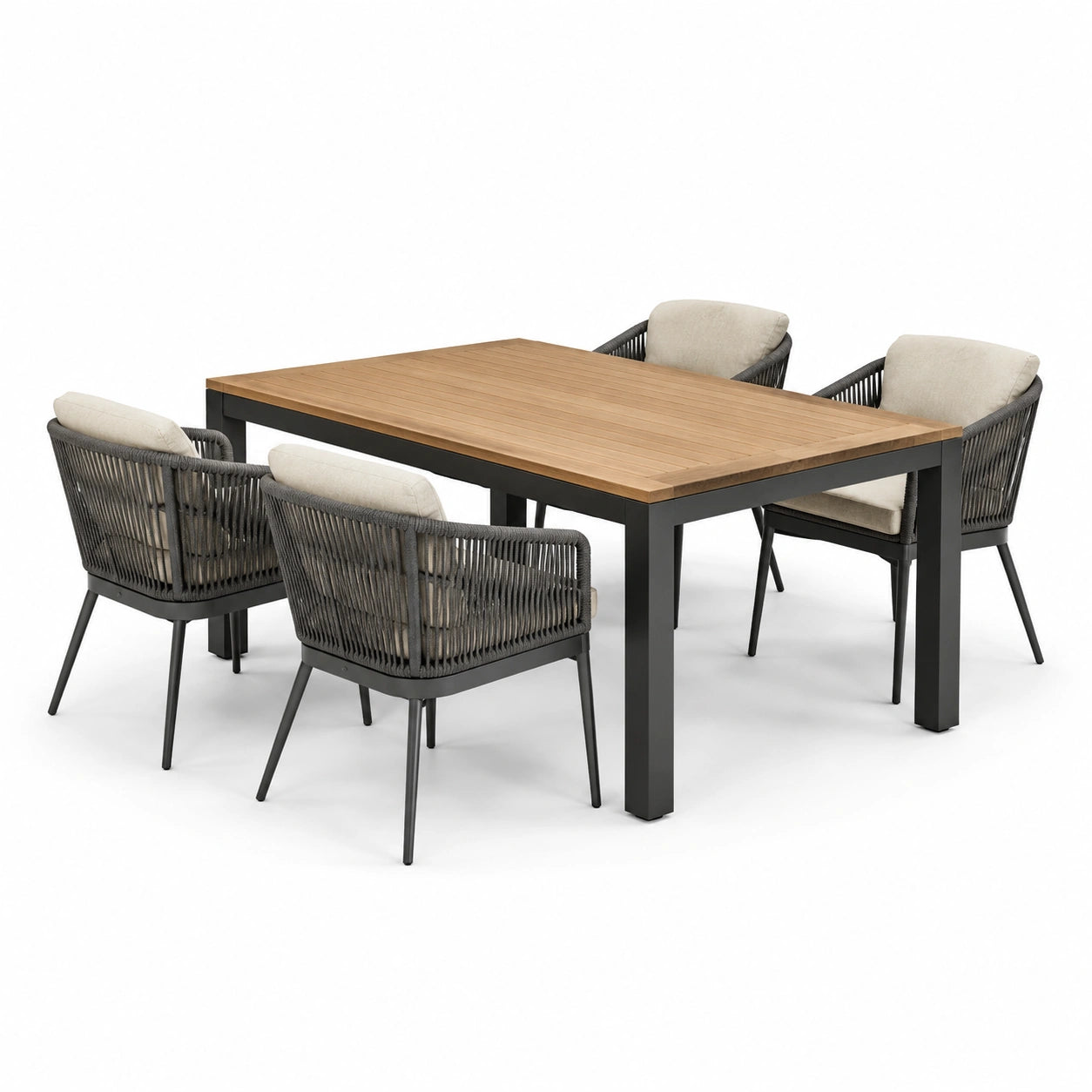 Essgruppe aus Aluminium, Teakholz und Polyrattan, 4 Sessel mit Kissen